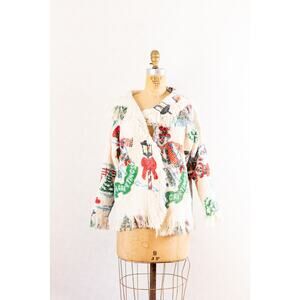 Vintage Woven Blanket Coat, Handmade Holiday Christmas Scene Boho Jacket, S/Med
